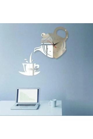 Konesam 40x40 Cm Akrilik Teapot Saat Sticker - Altın Renk, Pil İle Çalışır Pil Dahil Değil