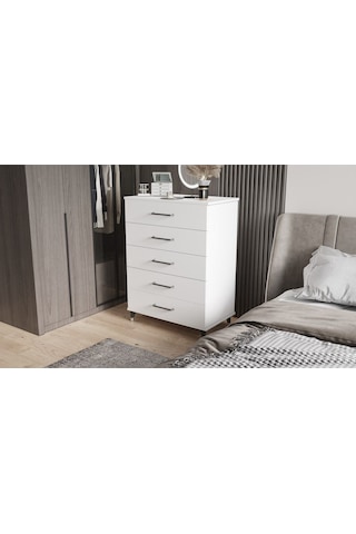 Şifonyer Beş Çekmeceli Aynalı Parlak Beyaz Beyaz