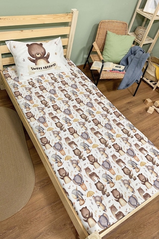 Organik Tek Kişilik Lastikli Çarşaf Seti - Minik Dostum Ayıcık Renkli