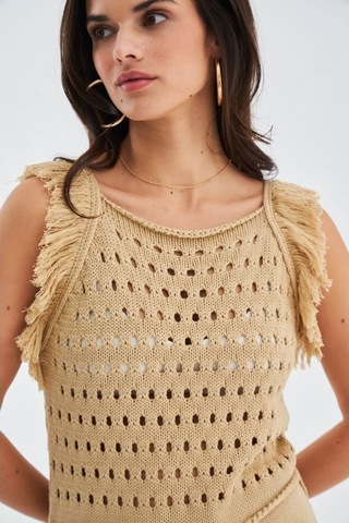 Peraluna Mıyokı Dress %100 Pamuk Diz Hizası Yazlık Kadın Triko El Bej