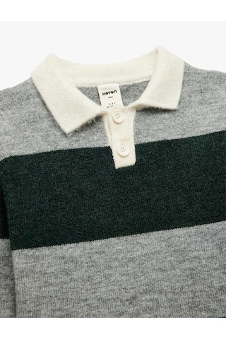 Koton Uzun Kollu Renk Bloklu Düğmeli Polo Yaka Triko Kazak Gri Çizgili 6wmb90002tt Gri Çizgili