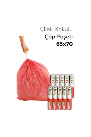 10 Paket Büyük Boy 65x70 Çilek Kokulu Büzgülü Çöp Poşeti 100 Adet Çöp Torbası 60 Litre