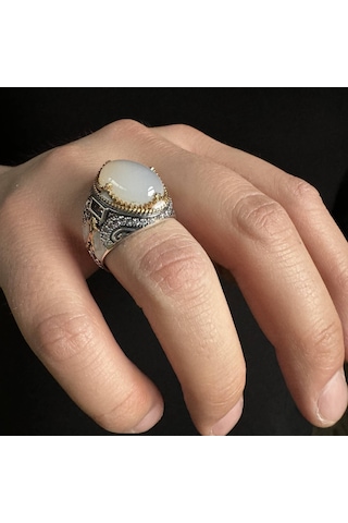 925 Ayar Gümüş Beyaz Akik Taşlı Mineli Erkek Yüzük Gümüş