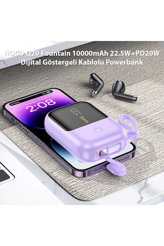 Hoco Q20 Fountain 10000mah 22.5w+pd20w Dijital Göstergeli Kablolu Powerbank Mor Mor