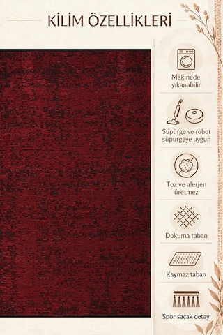 Şönil Kilim Salon Oturma Çocuk Odası Banyo Halısı Mutfak Halısı Balkon Halısı Yıkanabilir Kaymaz Tabanlı Yolluk Bordo