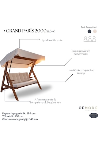Aidaswings Grand Paris 2000 Iroko Üç Kişilik Ahşap Bahçe Salıncağı - Krem