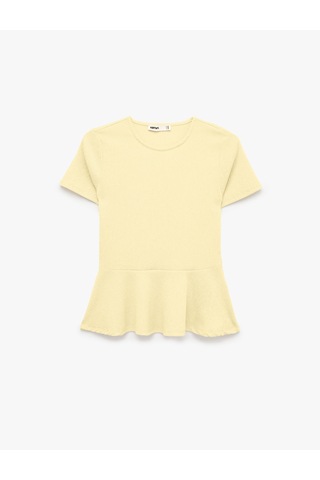 Koton Bürümcük Kumaş Slim Fit Kısa Kollu Bisiklet Yaka Volanlı Peplum Kesim Tişört Sarı 6sak50383ek