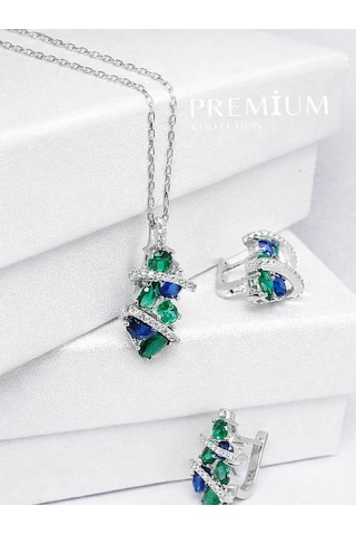 Brezza Lusso Jewelry Zümrüt Oval Taşlı Luxury Kadın Gümüş Kolye Küpe Set