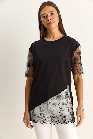 Shade Kadın Bisiklet Yaka Dantel Garnili Asimetrik Kesim Relaxed Fit T-shirt 2225 60286125 - Siyah