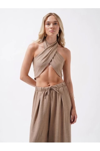 Defymoda Düşük Bel Oversize Keten Pantolon Bej