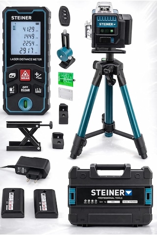 Profesyonel 12 Köşe Yeşil Çizgi Lazer Otomatik Hizalama Çantalı + 50mt Lazer Metre + Tripod
