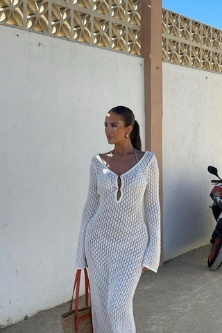 De Pose Positano İnci Bağlama Detay Ekru Maxi Boy Ajurlu/delikli Pamuk Yazlık Elbise