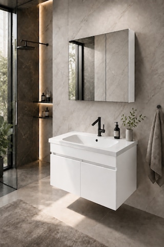 Kale Serisi Banyo Dolabı Seti Parlak Beyaz Banyo Alt Dolap - Aynalı Üst Dolap Cerastyle Elite Lavabolu, Lavabo-aynalı Üst Dolap Dahil