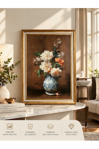 Varaklı Gold Çerçeveli Yağlı Boya Dokulu Salon Tablosu Porselen Vazoda Çiçekler Klasik Vintage Büyük Boy Duvar Tablosu 50x70 Cm - Dış Ölçü 60x80 Cm