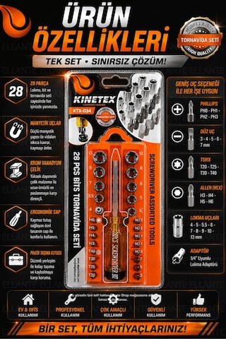 Kinetex 28 Parça Tornavida Ve Lokma Seti Manyetik Bit Uçlu Çok Amaçlı Tamir Seti Ktx-034