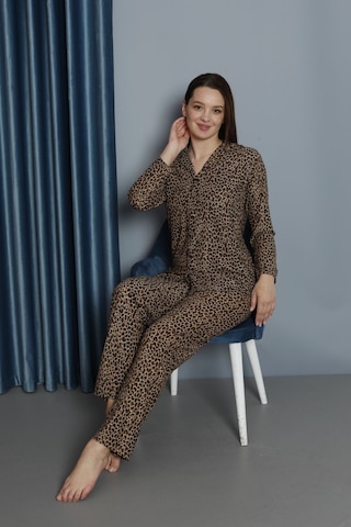 Gömlek Yaka Süet Dokulu Kadın Alt Üst Pijama Takımı Koyu Leopar Kahverengi