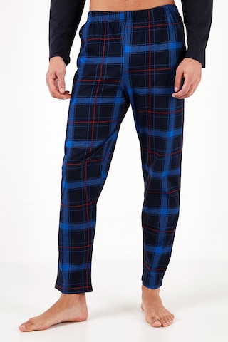 Buratti Ekoseli Cepli Beli Lastikli % 100 Pamuk Regular Fit Erkek Pijama Takımı 6572001 Lacivert-Saks