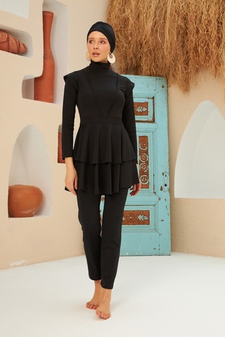 Full Likralı Tam Kapalı Tesettür Mayo Deniz Mayosu Fırfır Detaylı Lt23-01 Siyah Siyah