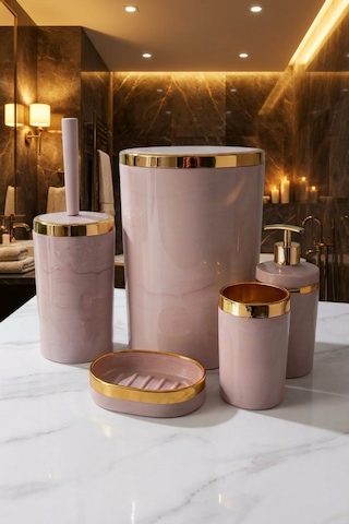 Makri Home 5 Parça Akrilik Banyo Seti, Şık Ve Kaliteli Akrilik, Altın Renk Detaylı, Somon Mermer Desen Somon