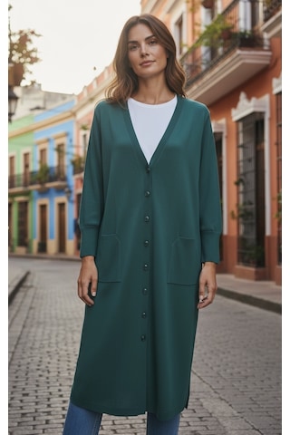 Kadın Önü Düğmeli V Yaka Cepli Mevsimlik Hırka Zümrüt