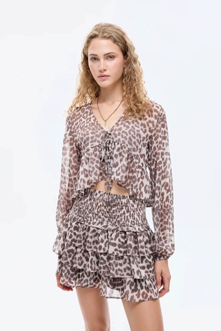 Quzu Leopar Desenli Bağcıklı Fırfırlı Tül Bej Kadın Bluz Blz00834 Bej