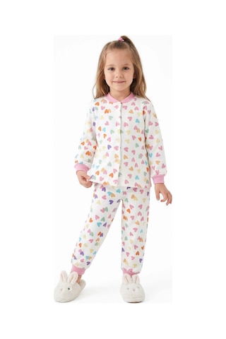 Bebegen Kız Çocuk Ekru Pembe Renkli Kalpli Desenli Çıtçıtlı Pijama Takımı Çok Renkli