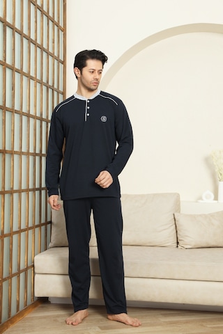 Enisena Erkek %100 Pamuklu Pijama Takımı-3 Düğmeli-12440 Koyu Lacivert
