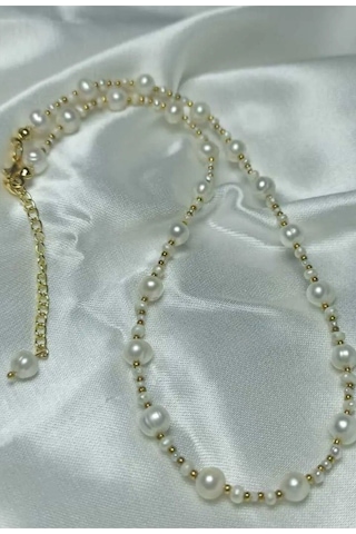 24k Altın Kaplama Gerçek Kum İnci Aranjman Dorika Detaylı Kolye B Çok Renkli