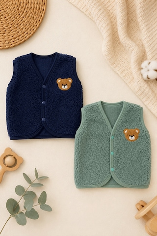 Beniizle Ayıcık Nakışlı Çıtçıtlı Welsoft Unisex 2'li Bebek Yelek Yeşil