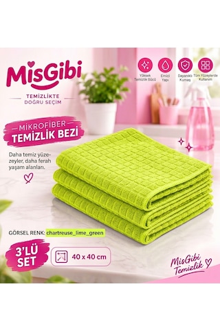 Misgibi Profesyonel 3'lü Mikrofiber Temizlik Bezi Kareli Doku, Güçlü Emicilik, İz Ve Tüy Bırakmayan Bez Yeşil