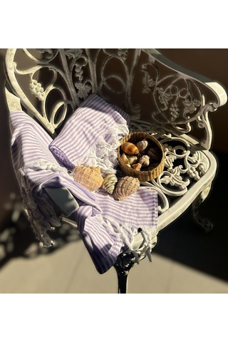 Ağcabay Denizli %100 Pamuklu 100x200cm Boho Stil Lila Çizgili Plaj Ve Havuz Peştemali, Şık Plaj Havlusu Açık Bej - Lila