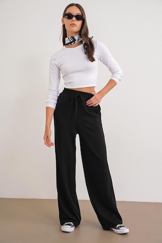 Mixray 4757 Kadın Lastikli Bol Paça Örme Dökümlü Selanik Pantalon Siyah Siyah