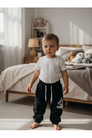Zekids Bebek Ayıcık Desenli Eşofman Alt-16391 Siyah
