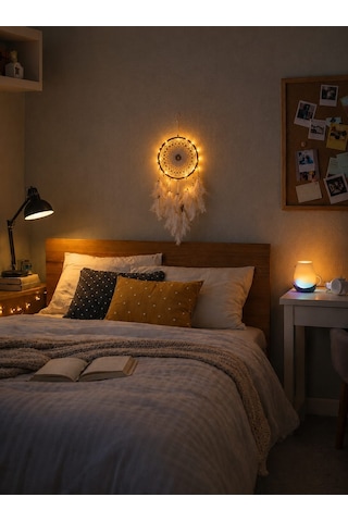 Led Işıklı Düş Kapanı Dreamcatcher Beyaz Kuş Tüyü Rüya Kapanı Duvar Süsü Elişi Beyaz