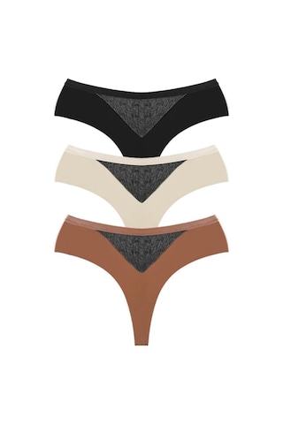 File Detaylı Beli Lastikli Lazer Kesim Büyük Beden Kadın Tanga Külot 3'lü Paket Renkli-2 Çok Renkli