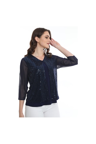 Ella Camelia Kadın Kolları Tül Detaylı Bluz 19E040 Lacivert