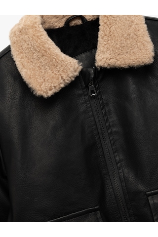 Koton Fermuarlı Peluş Yaka Cepli Bomber Deri Ceket Siyah 6wkb20007tw Siyah