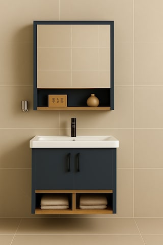 Dmz Home Concept Legna 65 Cm Banyo Dolabı Takımı Antrasit & Ahşap Mdf Seramik Lavabolu Alt Ve Üst Dolaplı