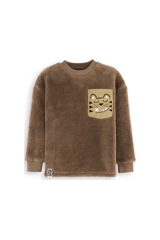Denokids Kaplan Oversize Erkek Çocuk Peluş Sweatshirt - Kahverengi