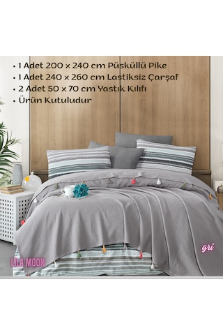 Valeria Tassel Gri Renkli Çift Kişilik Püsküllü Pike Takımı Gri