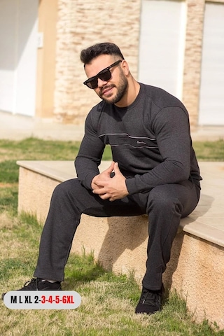 Antrasit Normal - Battal Büyük Beden Kalın Sweat Erkek Eşofman Takımı 21eestbakt Antrasit