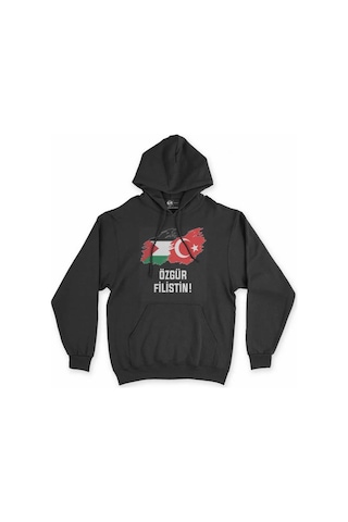Hunors Sportswear & Company Özgür Filistin Baskılı Unisex Model Pamuklu Kapüşonlu Sweatshirt SIYAH