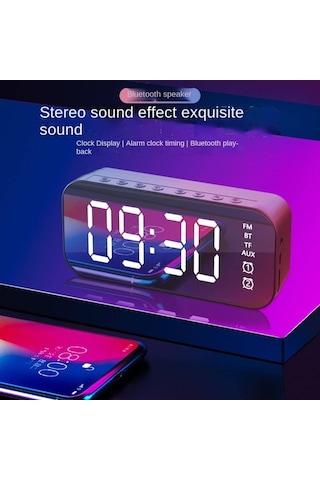Yunboo Siyah Mini Masaüstü Müzik Hoparlörü - Akıllı Alarm Saati, Led Ayna Ekranı, 6 Saat Çalma Süresi, Bluetooth 5.0, Ev Ve Ofis İçin