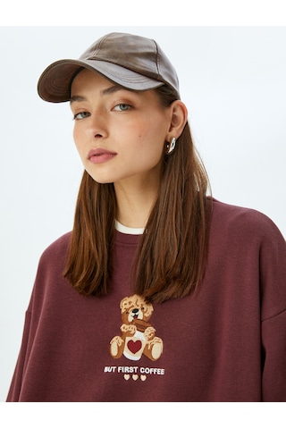 Koton Ayı İşlemeli Sloganlı Bisiklet Yaka Şardonlu Oversize Sweatshirt Bordo 5wal10817ık Bordo