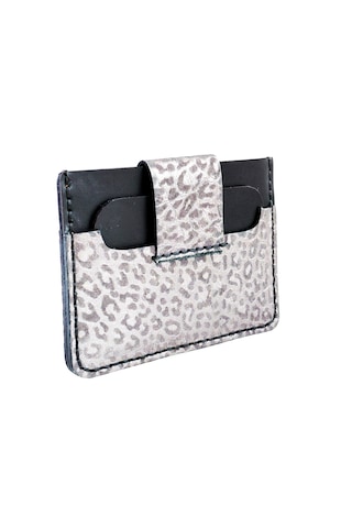Luna Luster Gümüş Leopar Desenli Kadın Çıtçıtlı Deri Kartlık Siyah - Beyaz - Leopar