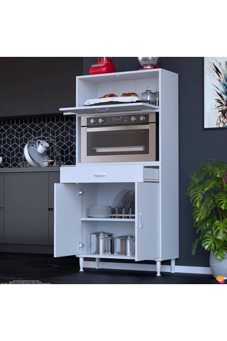 Modilayn Vio 85x163,4x32.5 Cm Çekmeceli, Kapaklı, Ekmeklikli. Mini/midi Mikrodalga Mutfak Dolabı Beyaz