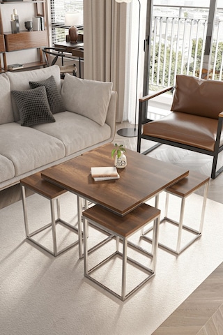 Lizbon 4+1 Kare Sehpa Takımı Gümüş Metal - Barok Tabla