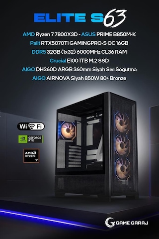 Game Garaj Elite S63 R7-7800X3D 32 GB 1 TB SSD RTX5070Tİ Dos Oem Paket Masaüstü Oyuncu Bilgisayarı