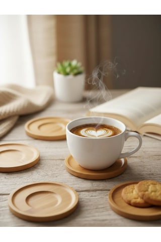 Bambu 6 Lı Çay Tabağı-bambu Ahşap 6'lı Çay Tabağı Ve Sunum Tabağı Açık Kahverengi