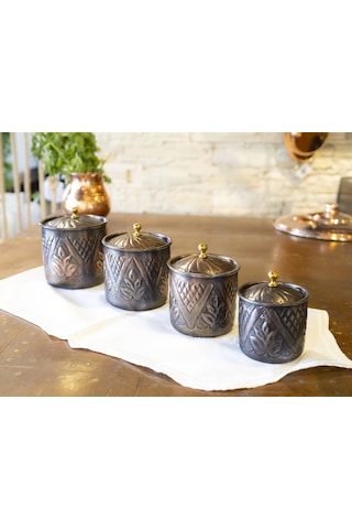 Bakır Baharat Takımı Desen Kakmalı Model Oksit Renk 4'lü Oksit Bakır